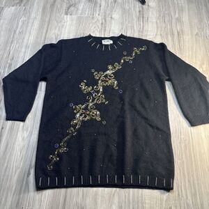 Koret Vintage 90s Beaded Sequin Black Christmas Knit Sweater Holidays Small